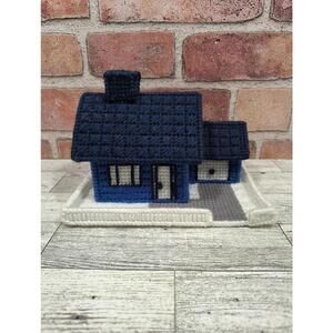 Vintage Plastic Canvas Christmas Village Blue House Garage Fenced Yard Handmade